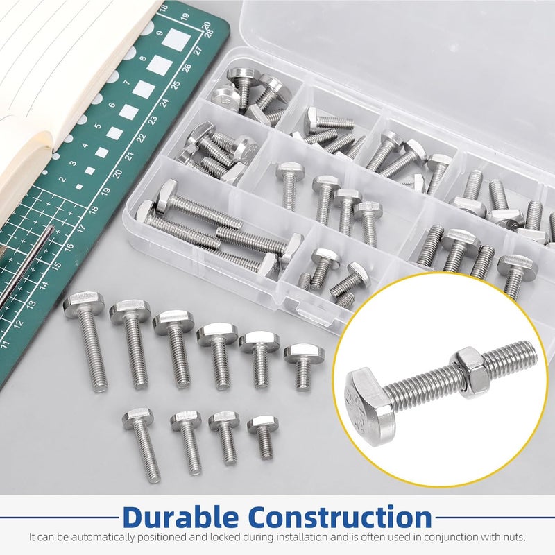 Glarks 50pcs M5 M6 T-Shaped Bolt Screw Set, 12/16/20/25/30/35MM Length 304 Stainless Steel T Shape Screws Hammer Head Bolt, Drop-in Stud Sliding T-Bolt, T-Slot Bolts for T Track - Image 5